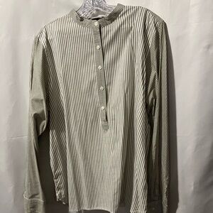 American Living Women’s Pinstripe Button Down Top - Olive Green and White.
